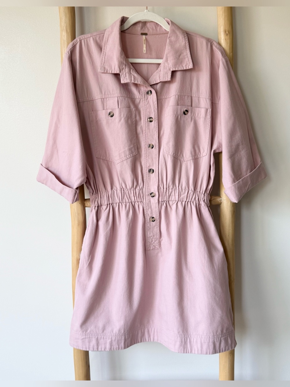 Free People Hazel Dusty Pink Cotton Utility Button Down Mini Dress S - Picture 4 of 10